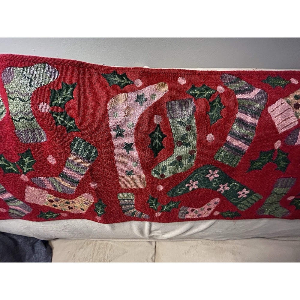 Tapestry Table Runner~Christmas Stocking Holiday bright sparkle decorator